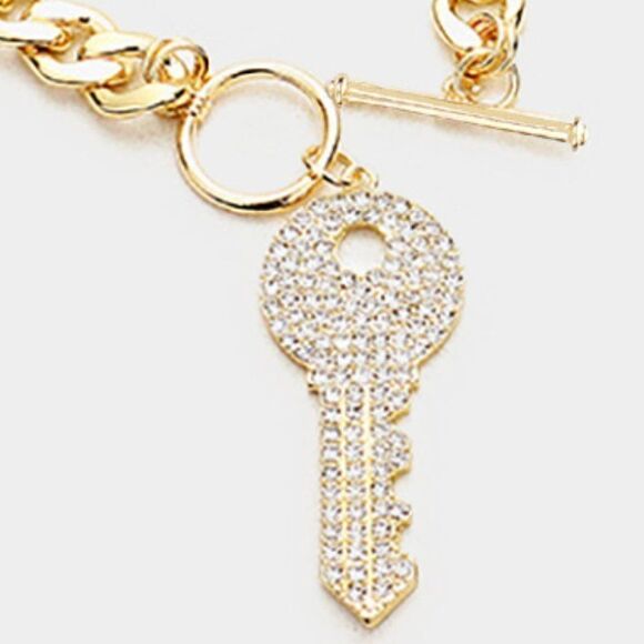 Rhinestone Embellished Key Gold Necklace Set - Picture 4 of 7